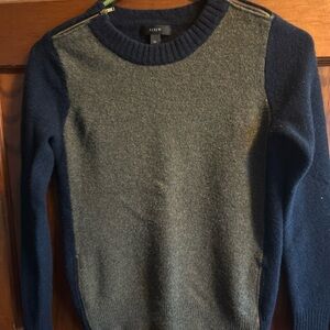 LL Bean  XS blue and gray sweater with zippers at neck and bottom sides.
